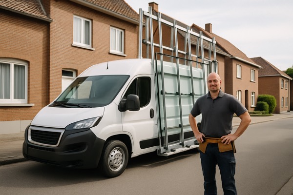 Servicewagen van de glazenmaker in een Belgische straat — Glasreparatie Louis