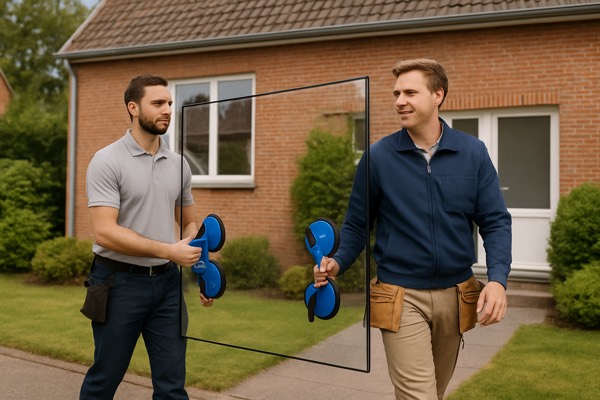 Glazenmakers dragen een grote glasplaat naar een woning — Glasreparatie Louis